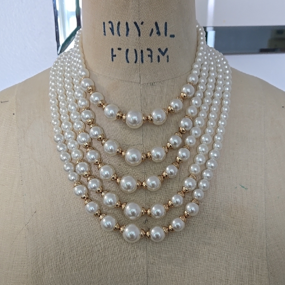 Gold and White Multi-Strand Necklace with Pearls